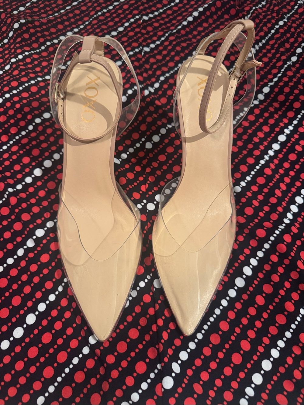 XOXO Nude and Clear Pointed Toe Slingback Heels